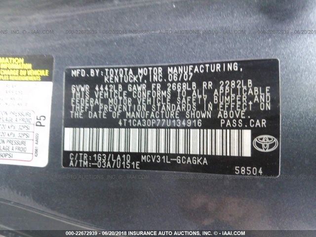 4T1CA30P77U134916 - 2007 TOYOTA CAMRY SOLARA SE/SLE ნაცრისფერი ფოტო 9