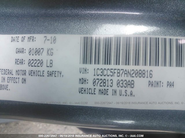 1C3CC5FB7AN208816 - 2010 CHRYSLER SEBRING LIMITED SILVER photo 9