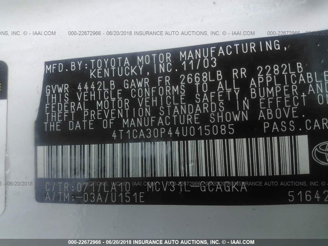 4T1CA30P44U015085 - 2004 TOYOTA CAMRY SOLARA SE/SLE WHITE photo 9