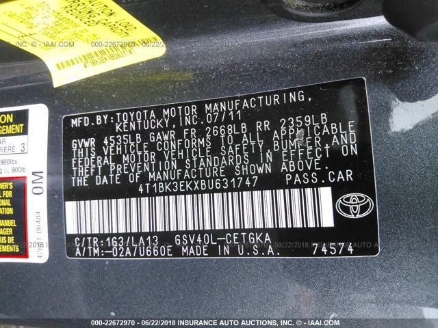 4T1BK3EKXBU631747 - 2011 TOYOTA CAMRY SE/LE/XLE 灰色 照片 9