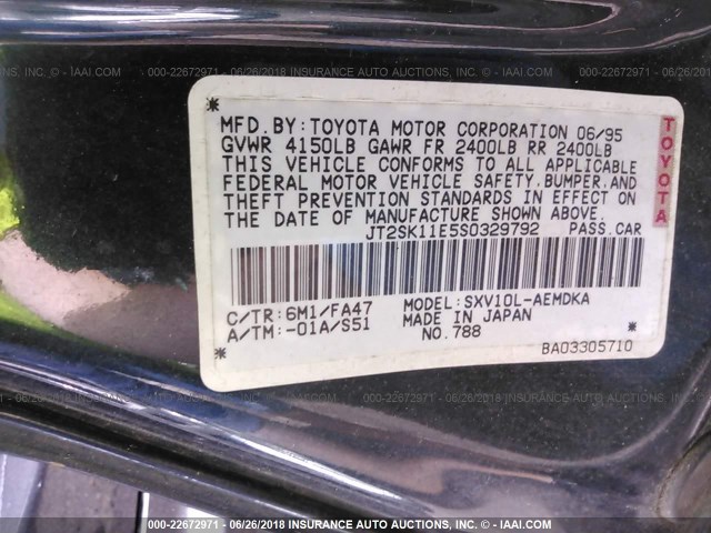 JT2SK11E5S0329792 - 1995 TOYOTA CAMRY DX GREEN photo 9