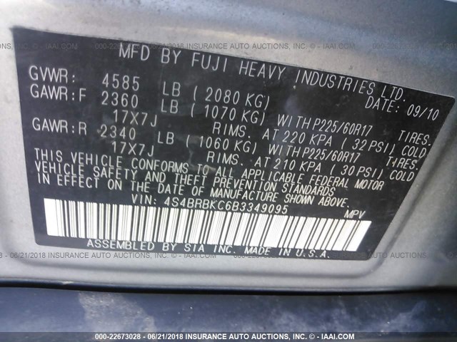 4S4BRBKC6B3349095 - 2011 SUBARU OUTBACK 2.5I LIMITED SILVER photo 9
