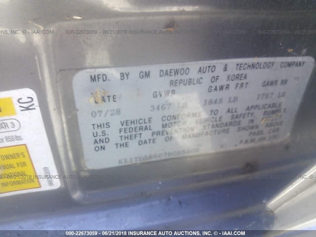 KL1TD56607B065608 - 2007 CHEVROLET AVEO LS SILVER photo 9