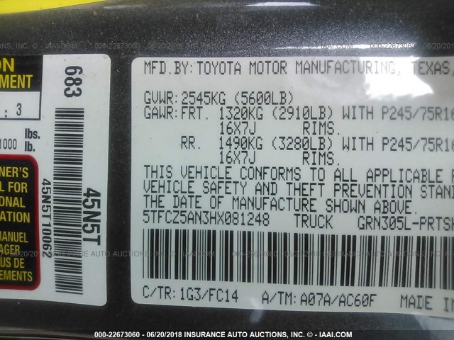 5TFCZ5AN3HX081248 - 2017 TOYOTA TACOMA DBL CAB/SR/TRDSPT/OR/PRO ნაცრისფერი ფოტო 9