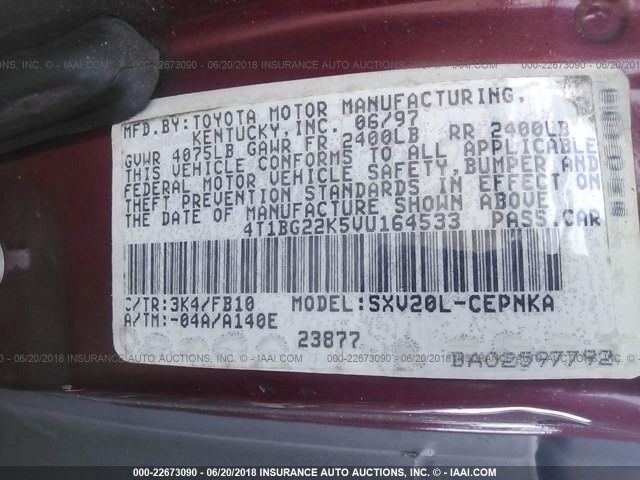 4T1BG22K5VU164533 - 1997 TOYOTA CAMRY CE/LE/XLE RED photo 9