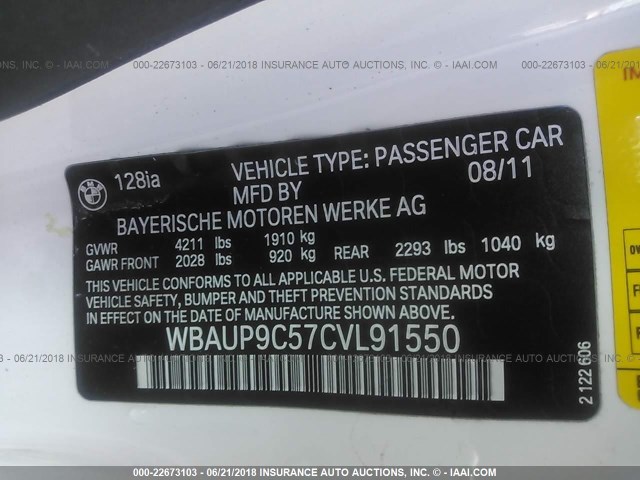 WBAUP9C57CVL91550 - 2012 BMW 128 I WHITE photo 9