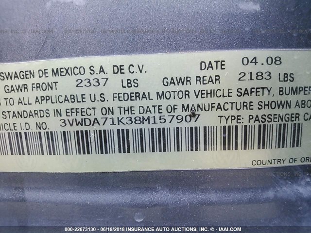 3VWDA71K38M157907 - 2008 VOLKSWAGEN GLI ნაცრისფერი ფოტო 9