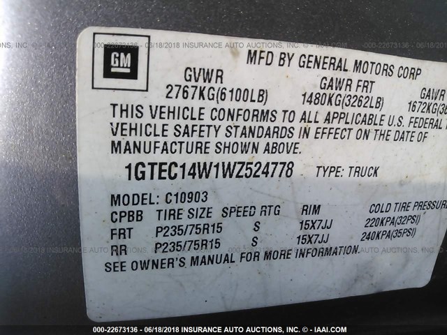 1GTEC14W1WZ524778 - 1998 GMC SIERRA C1500 TAN photo 9