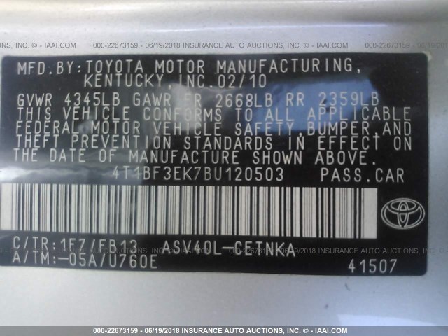 4T1BF3EK7BU120503 - 2011 TOYOTA CAMRY SE/LE/XLE 银色 照片 9