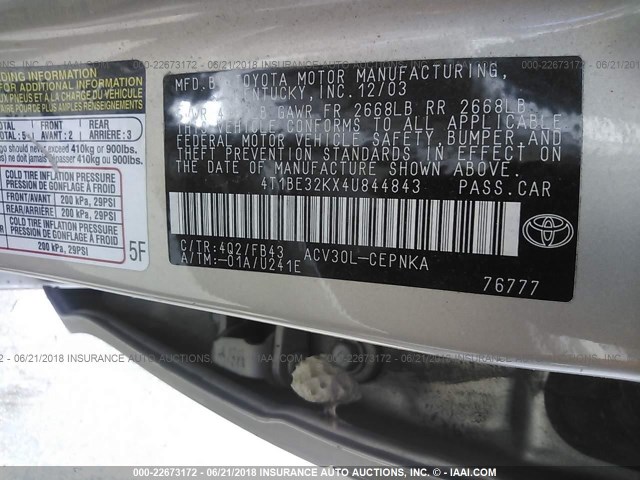 4T1BE32KX4U844843 - 2004 TOYOTA CAMRY LE/XLE/SE 金色 照片 9