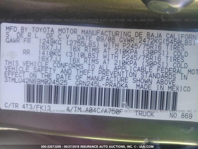 3TMLU42N69M024525 - 2009 TOYOTA TACOMA DOUBLE CAB ყავისფერი ფოტო 9