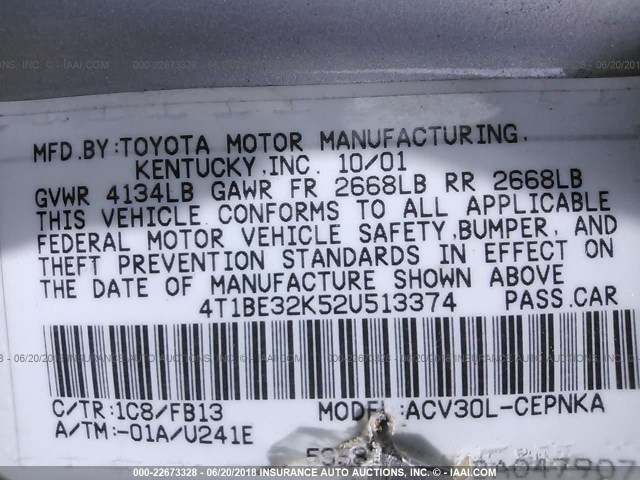 4T1BE32K52U513374 - 2002 TOYOTA CAMRY LE/XLE/SE ნაცრისფერი ფოტო 9