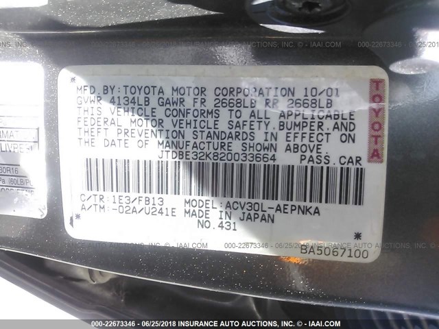 JTDBE32K820033664 - 2002 TOYOTA CAMRY LE/XLE/SE Boz foto 9