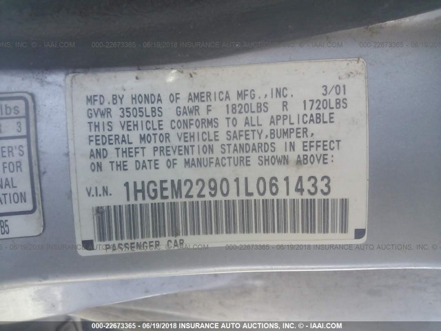 1HGEM22901L061433 - 2001 HONDA CIVIC SI/EX SILVER photo 9