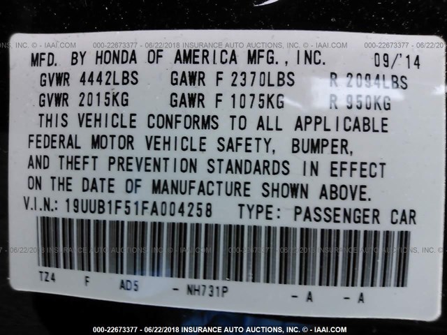 19UUB1F51FA004258 - 2015 ACURA TLX TECH BLACK photo 9