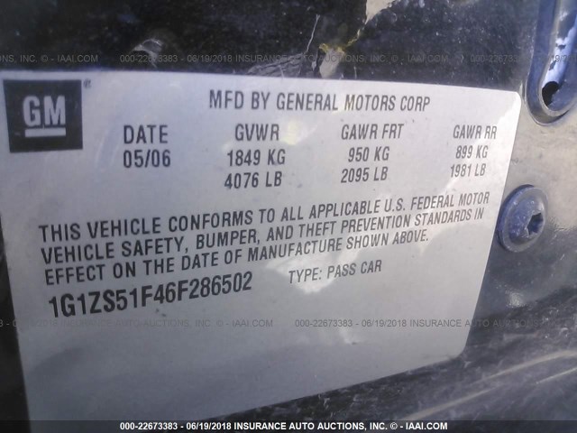 1G1ZS51F46F286502 - 2006 CHEVROLET MALIBU LS 黑色 照片 9