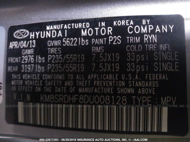 KM8SRDHF8DU008128 - 2013 HYUNDAI SANTA FE LIMITED SILVER photo 9