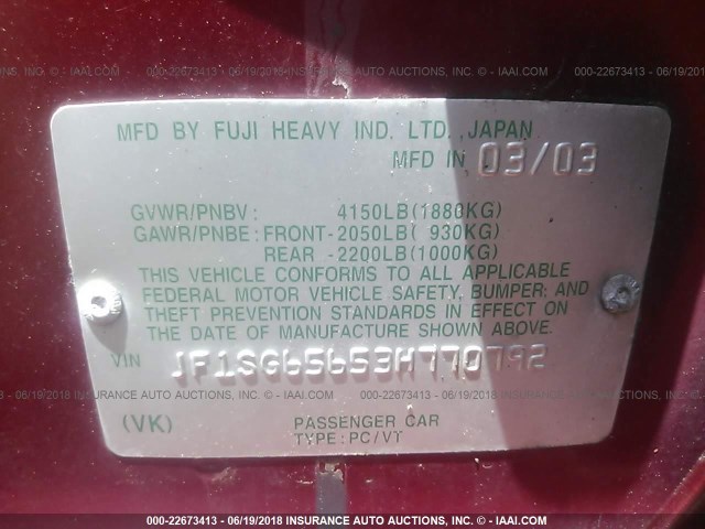 JF1SG65653H770792 - 2003 SUBARU FORESTER 2.5XS Rouge photo 9