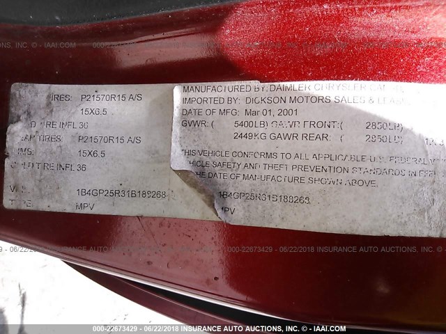 1B4GP25R31B188268 - 2001 DODGE CARAVAN SE RED photo 9