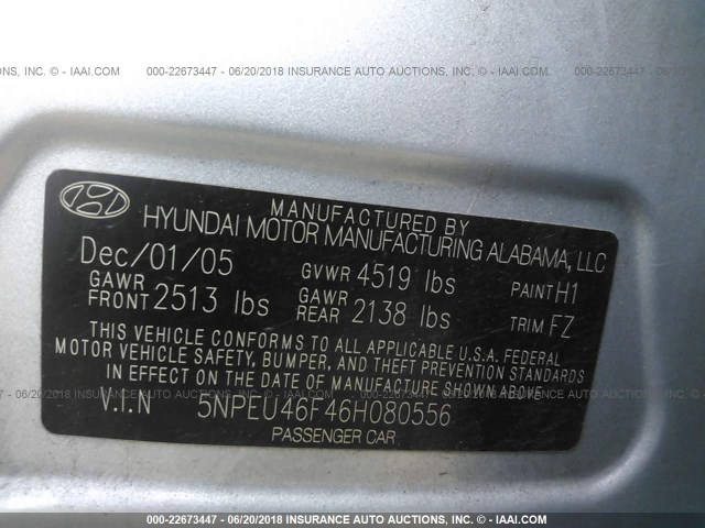 5NPEU46F46H080556 - 2006 HYUNDAI SONATA GLS/LX BLUE photo 9