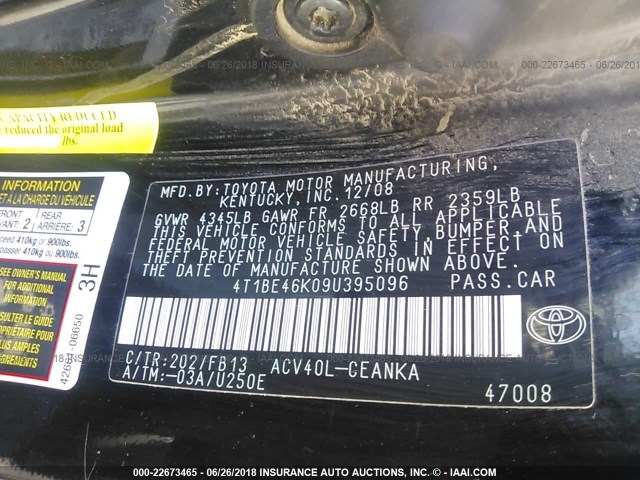 4T1BE46K09U395096 - 2009 TOYOTA CAMRY SE/LE/XLE BLACK photo 9
