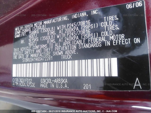 5TBRU34146S472281 - 2006 TOYOTA TUNDRA ACCESS CAB SR5 MAROON photo 9