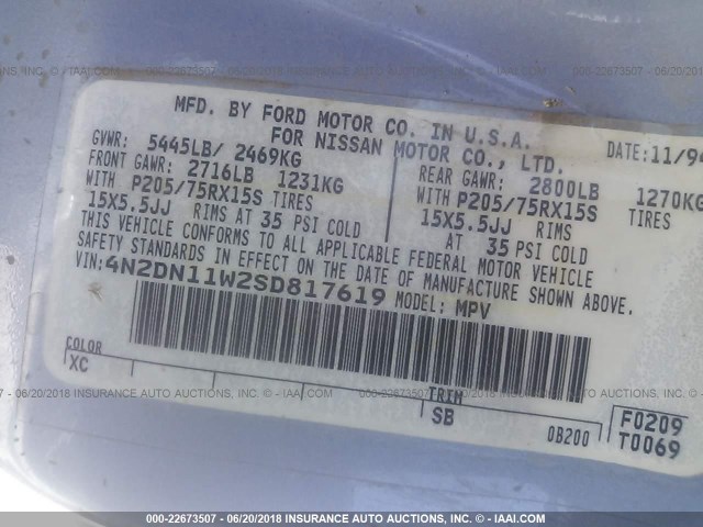 4N2DN11W2SD817619 - 1995 NISSAN QUEST XE/GXE Light Blue photo 9