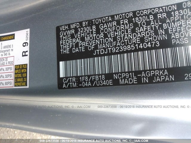 JTDJT923985140473 - 2008 TOYOTA YARIS Gris photo 9
