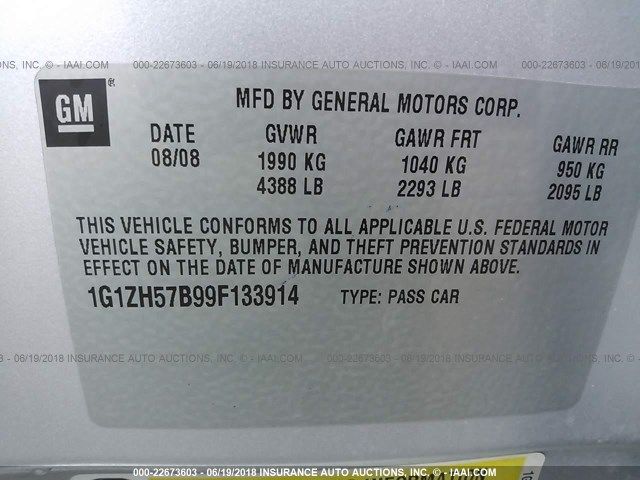 1G1ZH57B99F133914 - 2009 CHEVROLET MALIBU 1LT 银色 照片 9