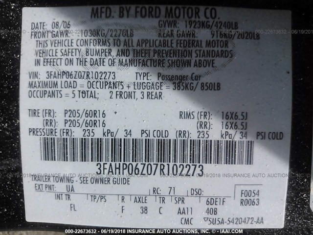 3FAHP06Z07R102273 - 2007 FORD FUSION S BLACK photo 9