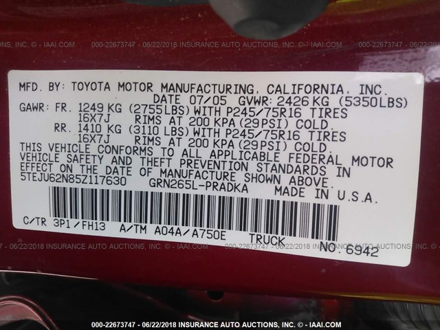 5TEJU62N85Z117630 - 2005 TOYOTA TACOMA DOUBLE CAB PRERUNNER RED photo 9