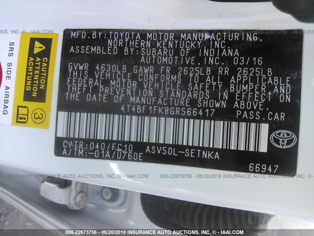 4T4BF1FK8GR566417 - 2016 TOYOTA CAMRY LE/XLE/SE/XSE 白色 照片 9