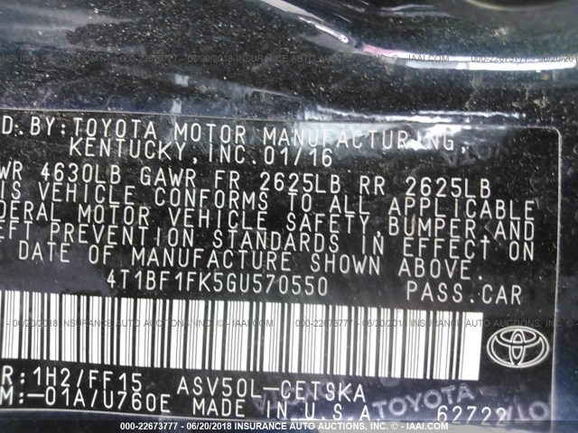 4T1BF1FK5GU570550 - 2016 TOYOTA CAMRY LE/XLE/SE/XSE 黑色 照片 9