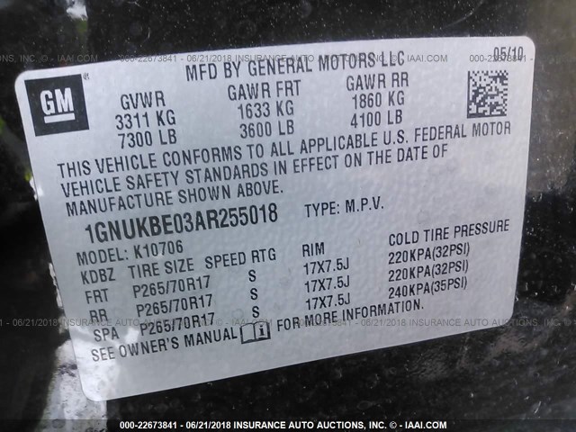 1GNUKBE03AR255018 - 2010 CHEVROLET TAHOE K1500 LT BLACK photo 9