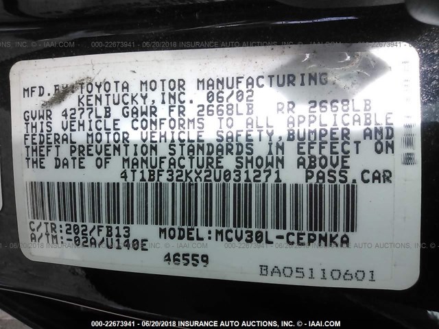 4T1BF32KX2U031271 - 2002 TOYOTA CAMRY LE/XLE/SE შავი ფოტო 9