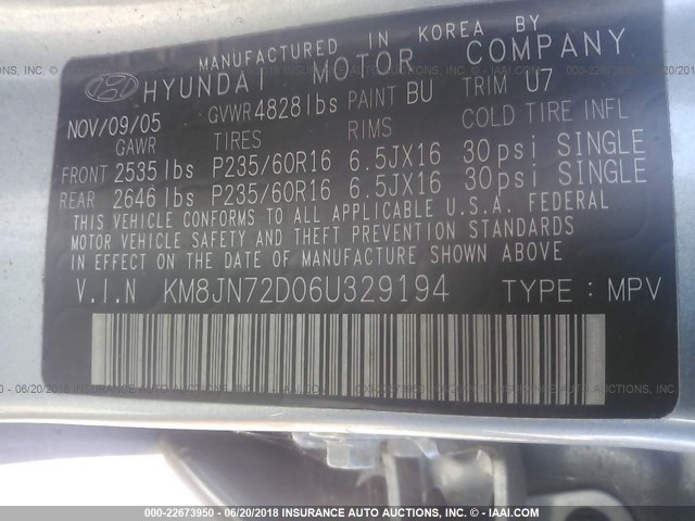 KM8JN72D06U329194 - 2006 HYUNDAI TUCSON GLS/LIMITED BLUE photo 9