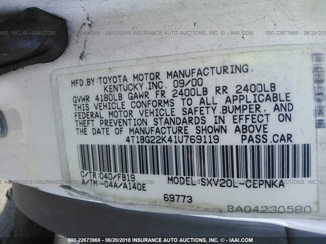 4T1BG22K41U769119 - 2001 TOYOTA CAMRY CE/LE/XLE 白色 照片 9