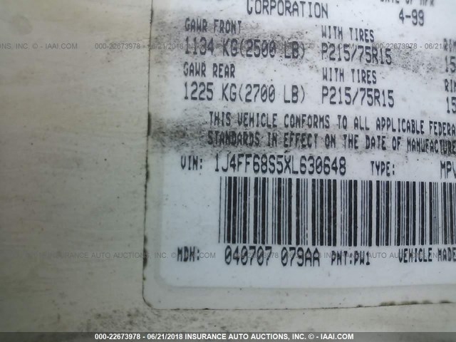 1J4FF68S5XL630648 - 1999 JEEP CHEROKEE SPORT/CLASSIC თეთრი ფოტო 9