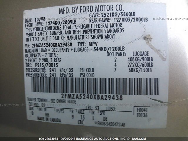 2FMZA5240XBA29438 - 1999 FORD WINDSTAR SE GOLD photo 9