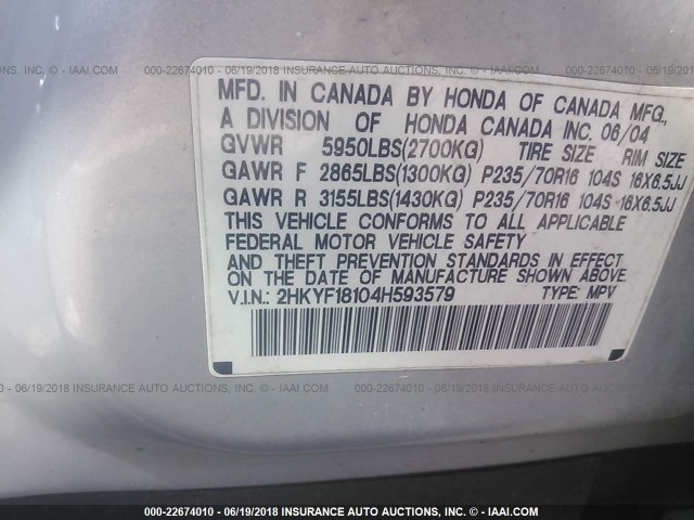 2HKYF18104H593579 - 2004 HONDA PILOT LX SILVER photo 9