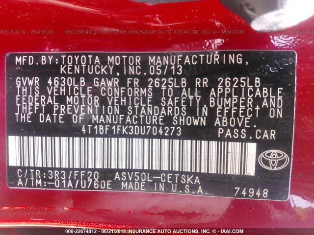 4T1BF1FK3DU704273 - 2013 TOYOTA CAMRY L/SE/LE/XLE 红色 照片 9