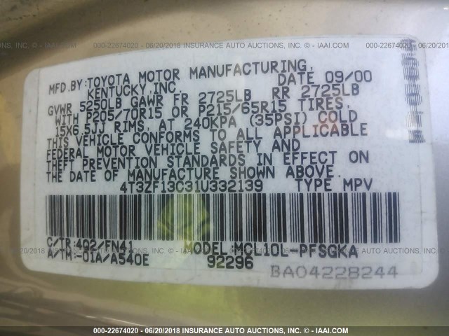 4T3ZF13C31U332139 - 2001 TOYOTA SIENNA LE/XLE TAN photo 9