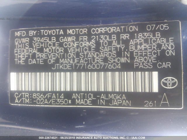 JTKDE177160077604 - 2006 TOYOTA SCION TC 深蓝色 照片 9