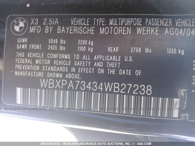 WBXPA73434WB27238 - 2004 BMW X3 2.5I BLACK photo 9