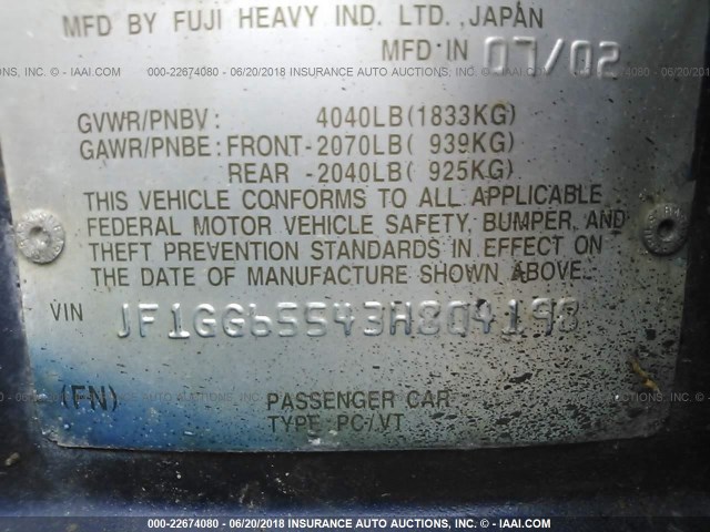 JF1GG65543H804198 - 2003 SUBARU IMPREZA TS BLUE photo 9