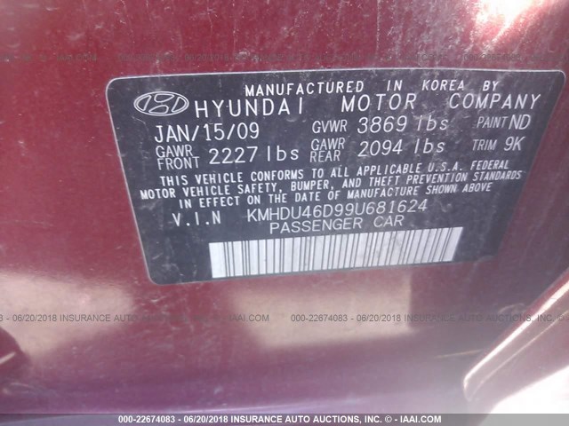 KMHDU46D99U681624 - 2009 HYUNDAI ELANTRA GLS/SE RED photo 9