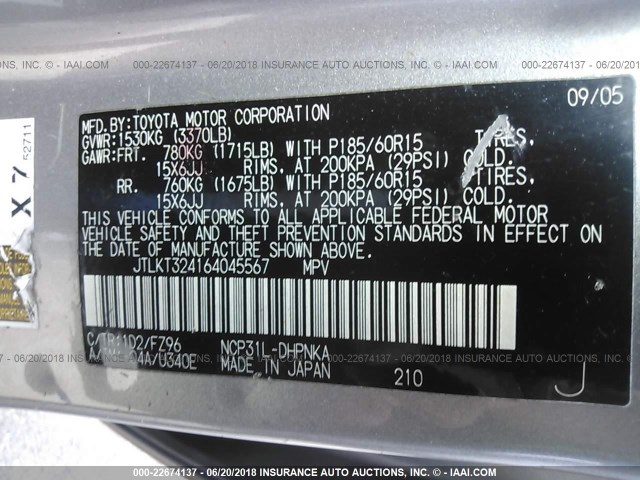 JTLKT324164045567 - 2006 TOYOTA SCION XB Plata foto 9
