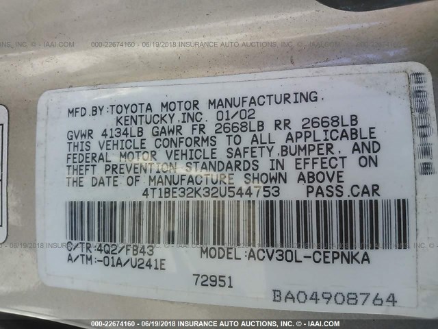 4T1BE32K32U544753 - 2002 TOYOTA CAMRY LE/XLE/SE 金色 照片 9