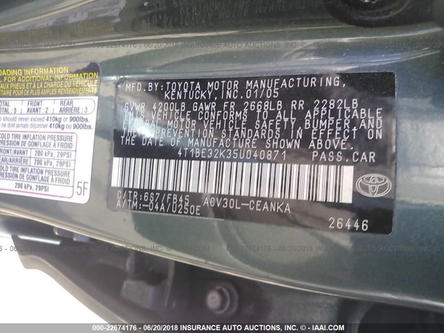 4T1BE32K35U040871 - 2005 TOYOTA CAMRY LE/XLE/SE 绿色 照片 9