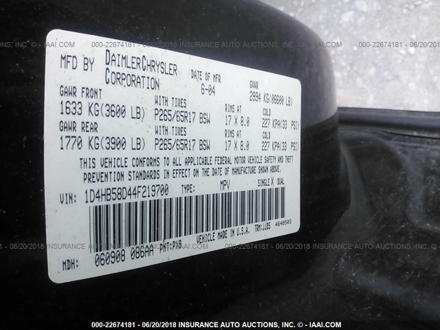 1D4HB58D44F219700 - 2004 DODGE DURANGO LIMITED BLACK photo 9